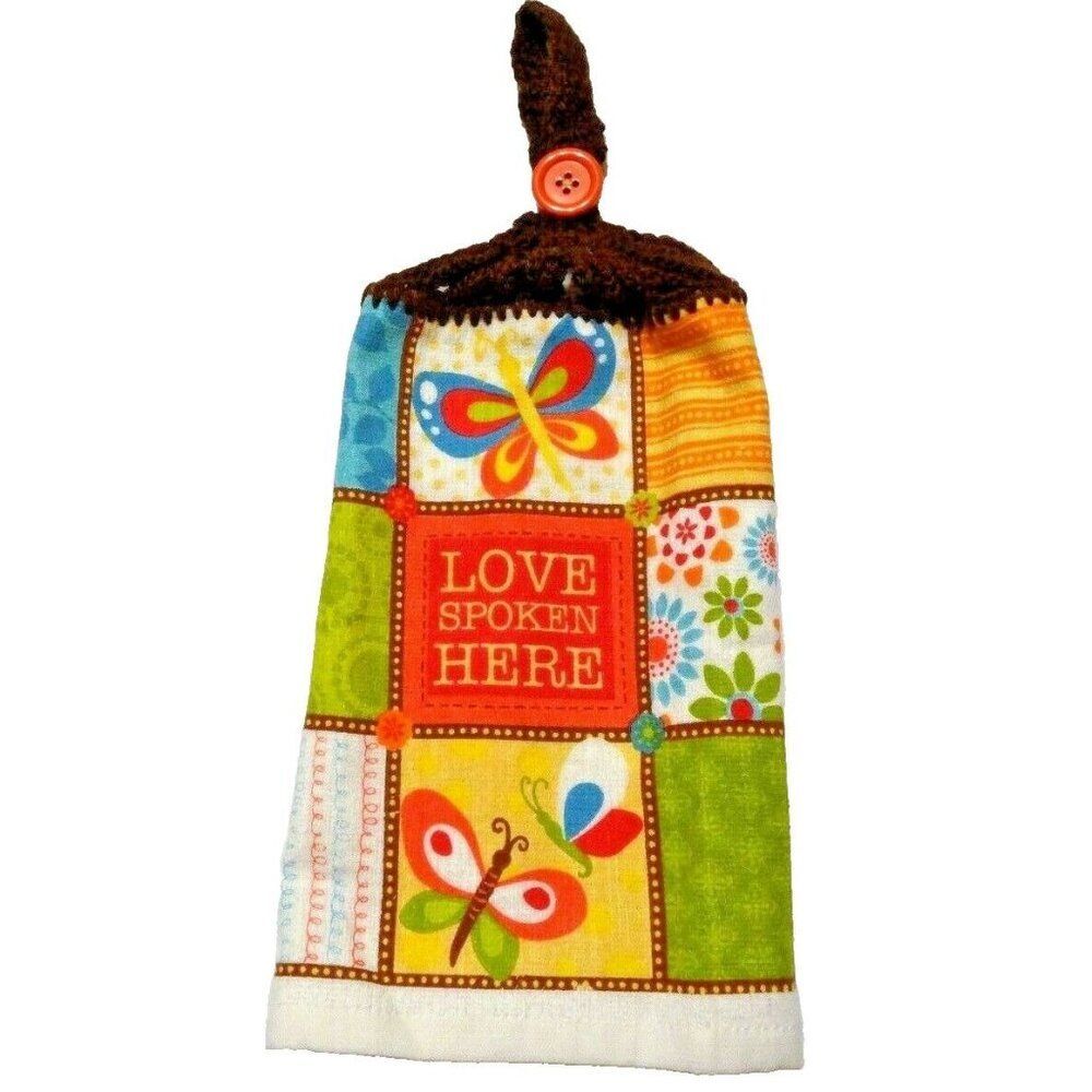 Love Spoken Here Hanging Kitchen Towel Crochet Button Patchwork Butterfly Floral